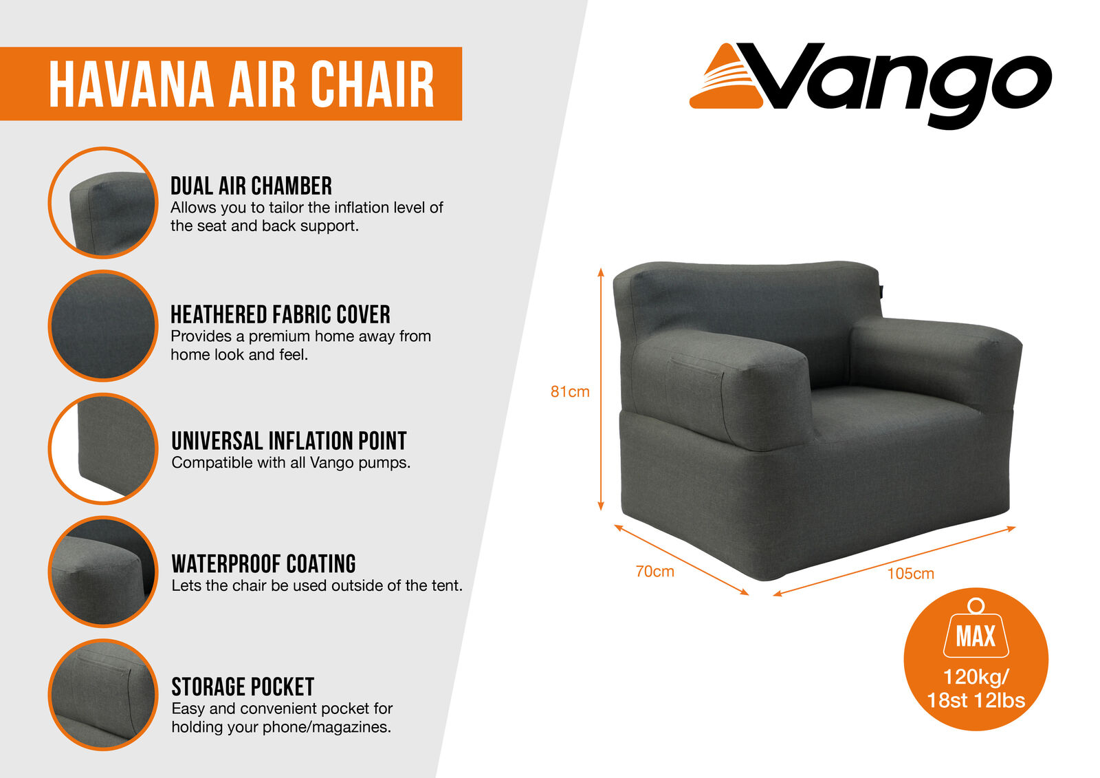 Vango Havana Air Chair - Premium Soft Inflatable Blow up Camping chair